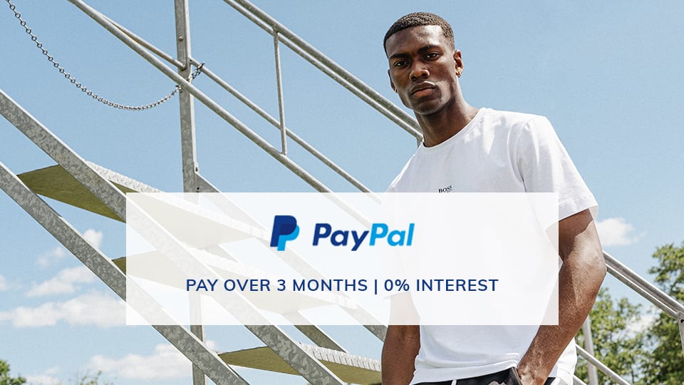 A model wearing a white T shirt with an overlay explaining PayPal Pay in 3