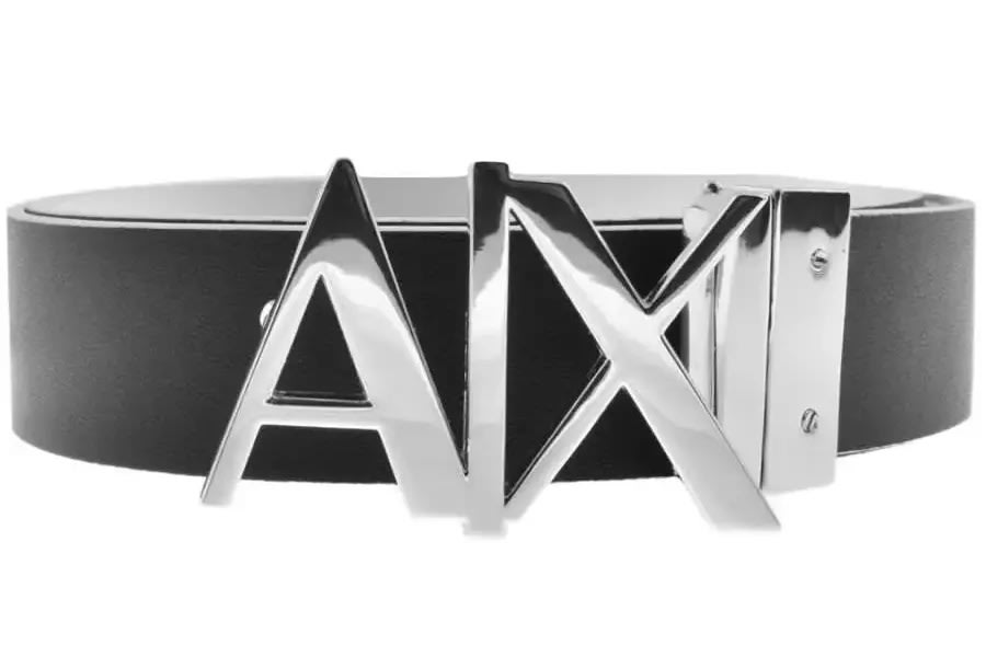 A black leather belt with the Armani Exchange logo on a silver coloured buckle