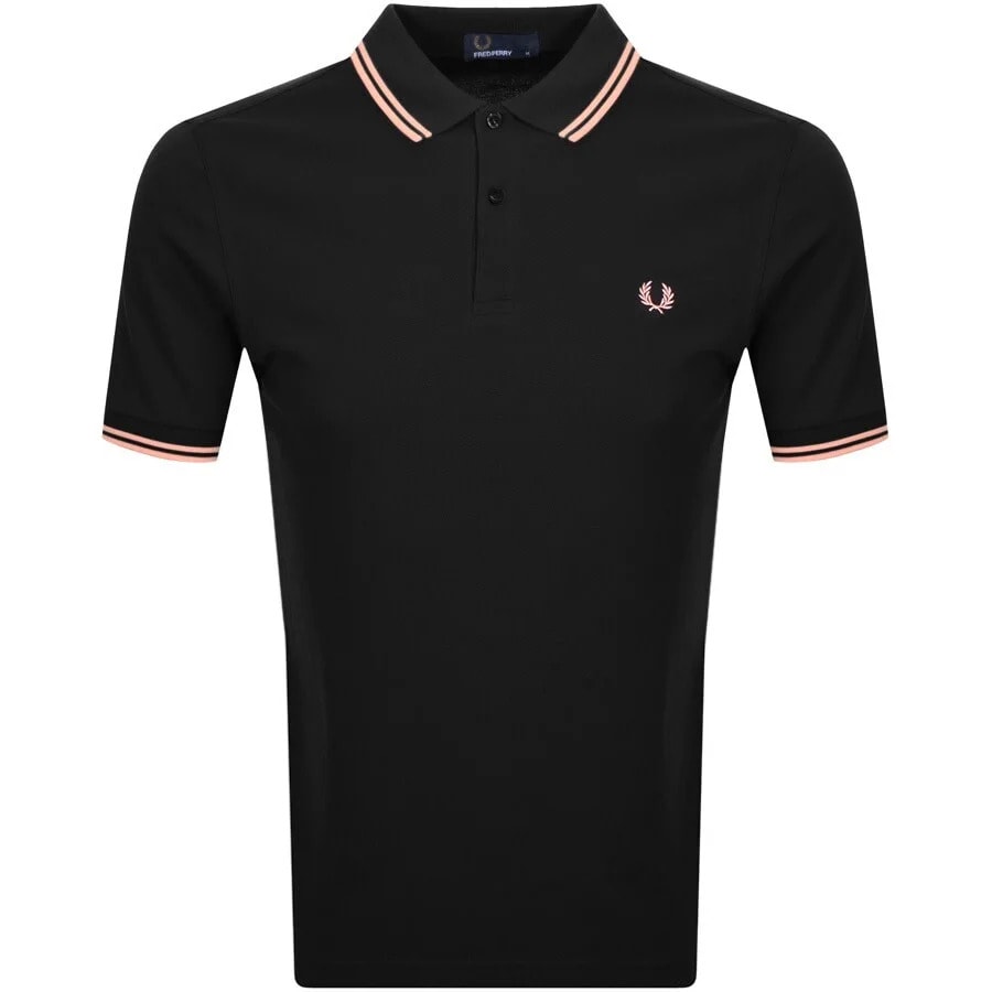 A black Fred Perry polo shirt with peach twin tipped cuffs and collar