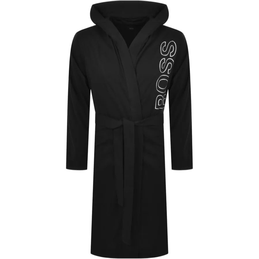 A black BOSS bathrobe with a large logo on the shoulder