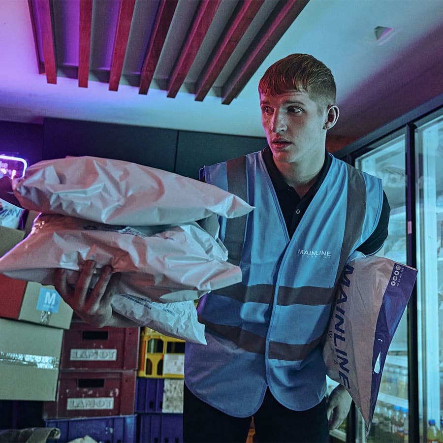 A man in Mainline blue brings deliveries