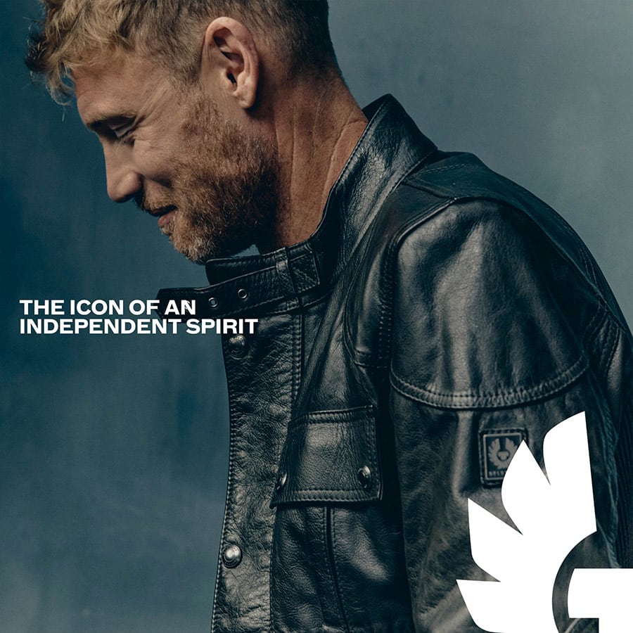 Freddie Flintoff wearing a Belstaff leather jacket