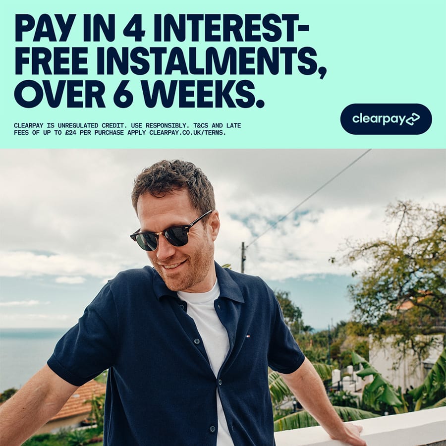 A man wearing sunglasses and Clearpay marketing information