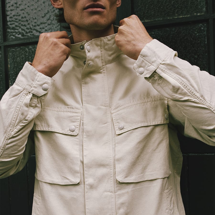 Close up of a man turning up the collar on his jacket