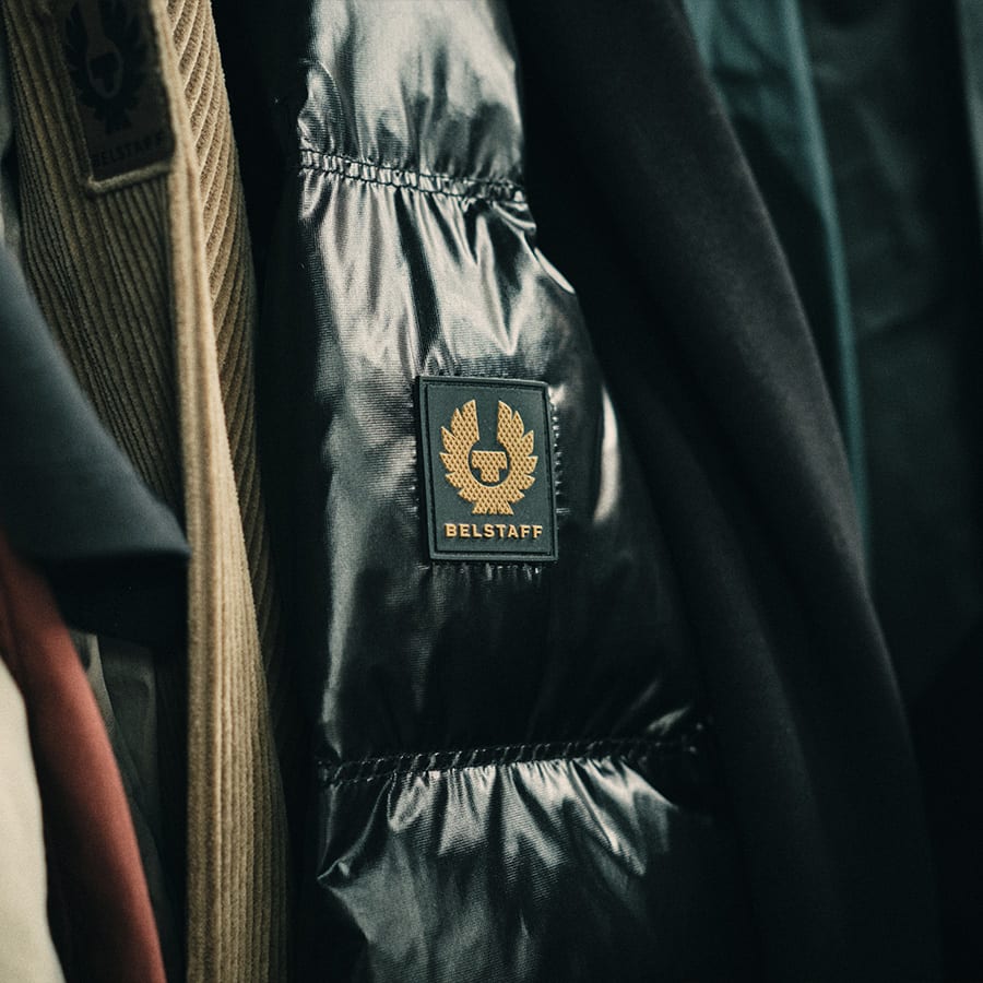 A close up shot of a black Belstaff jacket