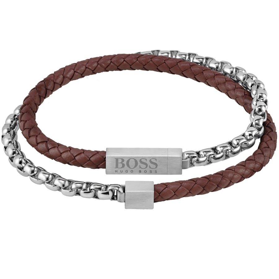 Alternative Image for ProductBOSS Leather And Chain Bracelet Brown1