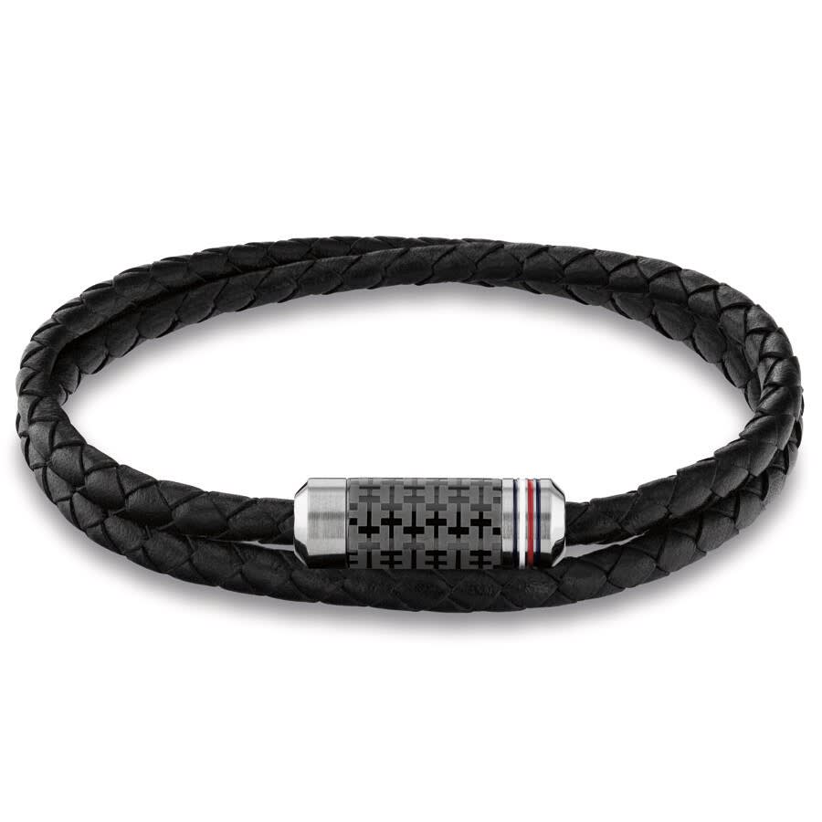 tommy hilfiger men's braided black leather bracelet