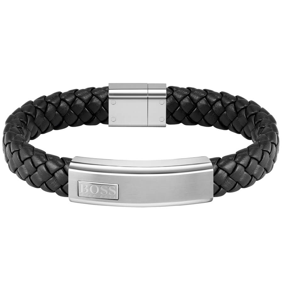 hugo boss braided leather bracelet in black with metal clasp