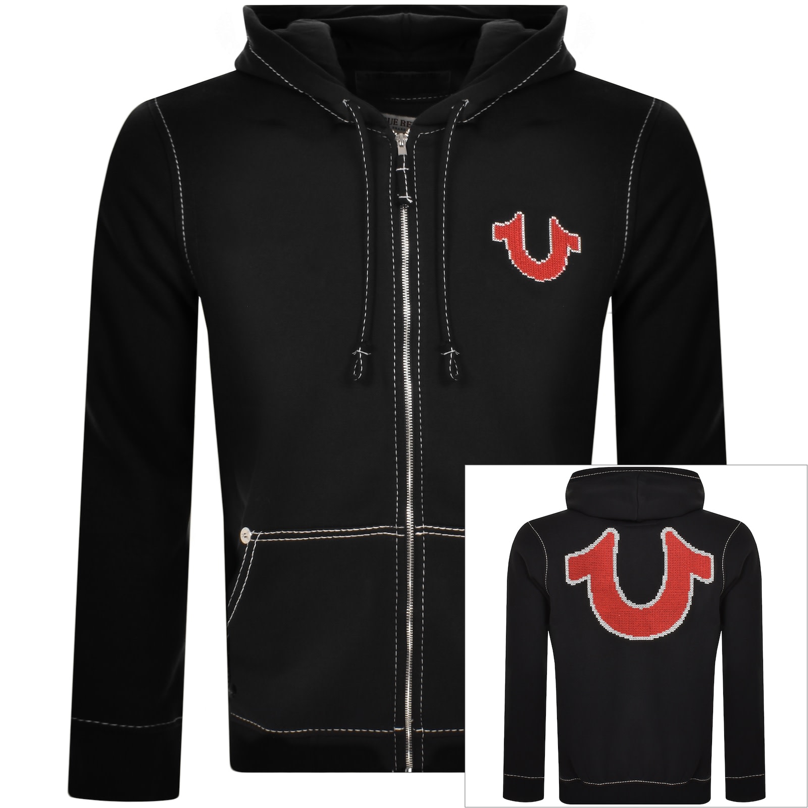 True Religion Big T Cross Stitch Zip Up Hoodie in Black Size L