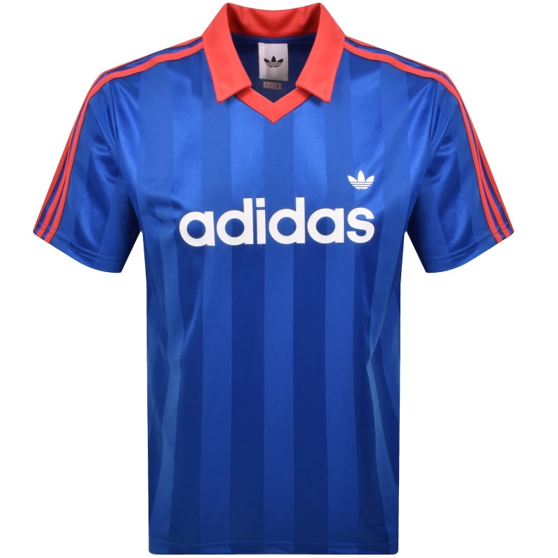 adidas Originals three stripes polo shirt in blue with white shoulder stripes