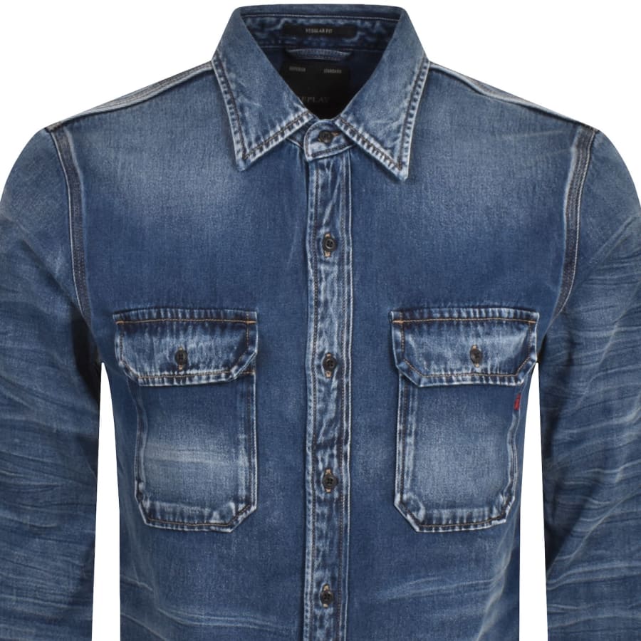 Replay Long Sleeved Mid Wash Denim Shirt Blue | Mainline Menswear 