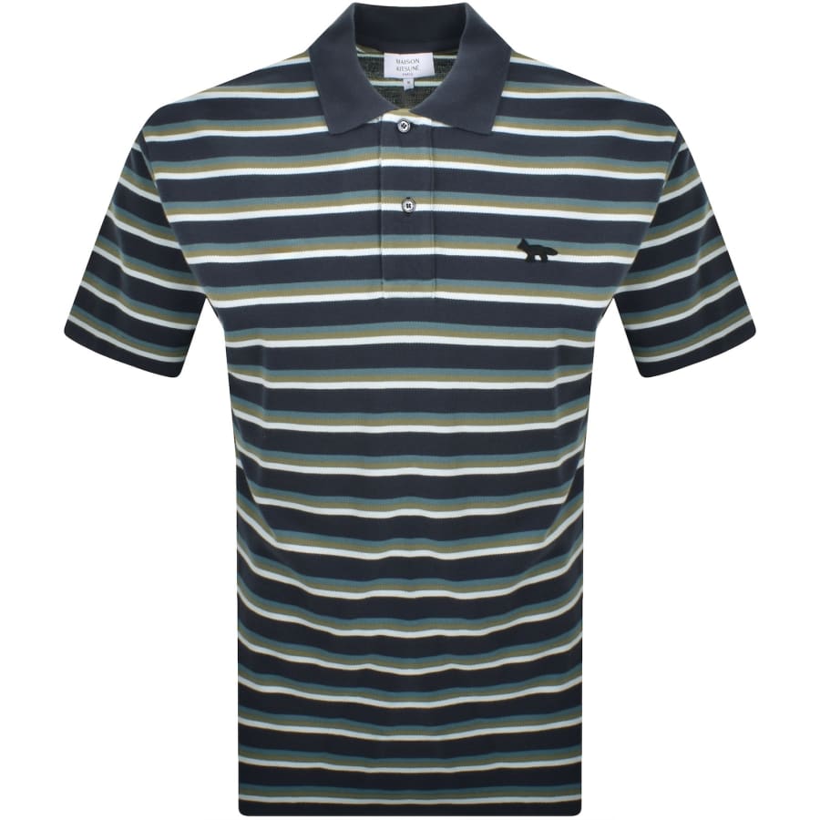 Image number 1 for Maison Kitsune Stripe Fox Polo T Shirt Blue