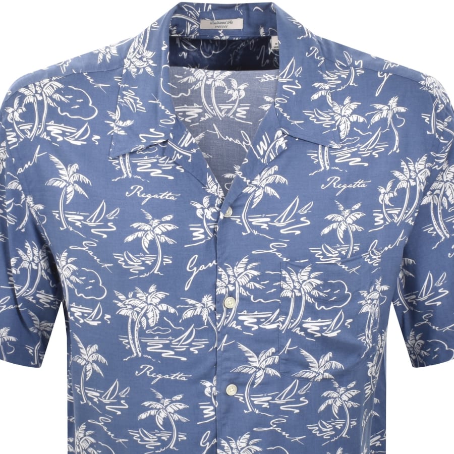 Image number 2 for Gant Island Print Short Sleeved Shirt Dusty Navy
