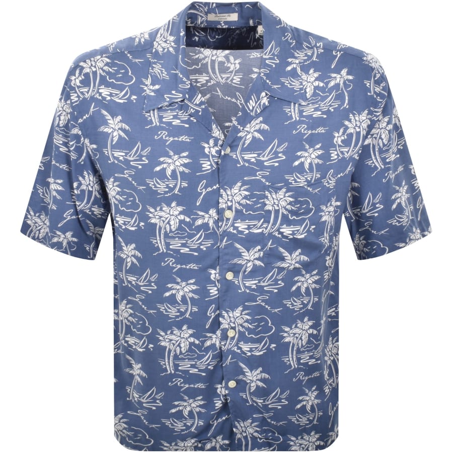 Image number 1 for Gant Island Print Short Sleeved Shirt Dusty Navy