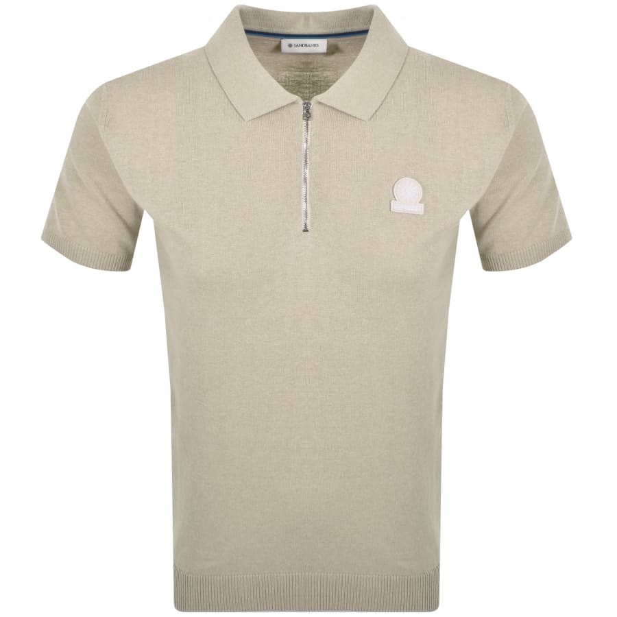 Image number 1 for Sandbanks Knitted Quarter Zip Polo T Shirt Stone