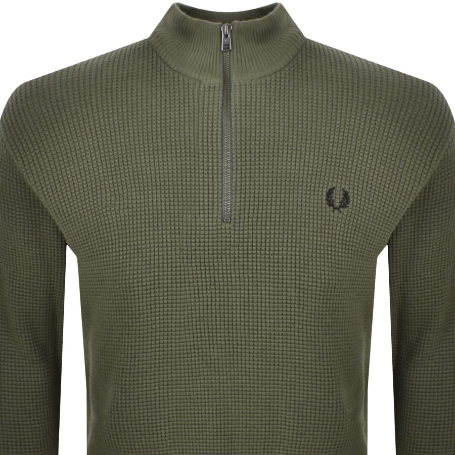 Image number 2 for Fred Perry Half Zip Waffle Knit Jumper Green