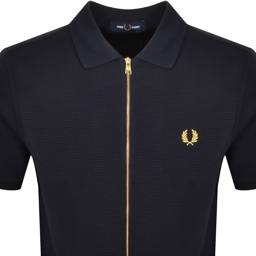 Image number 2 for Fred Perry Zip Through Waffle Polo Shirt Navy