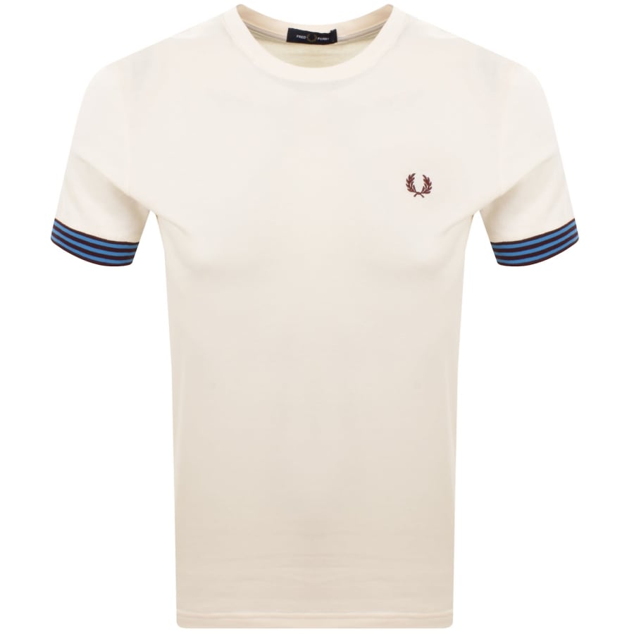 Image number 1 for Fred Perry Striped Cuff T Shirt Ecru