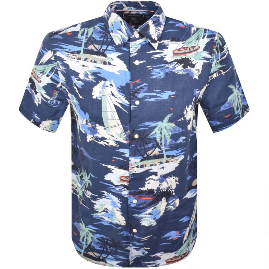 Image number 1 for Tommy Hilfiger Linen Holiday Print Shirt Navy