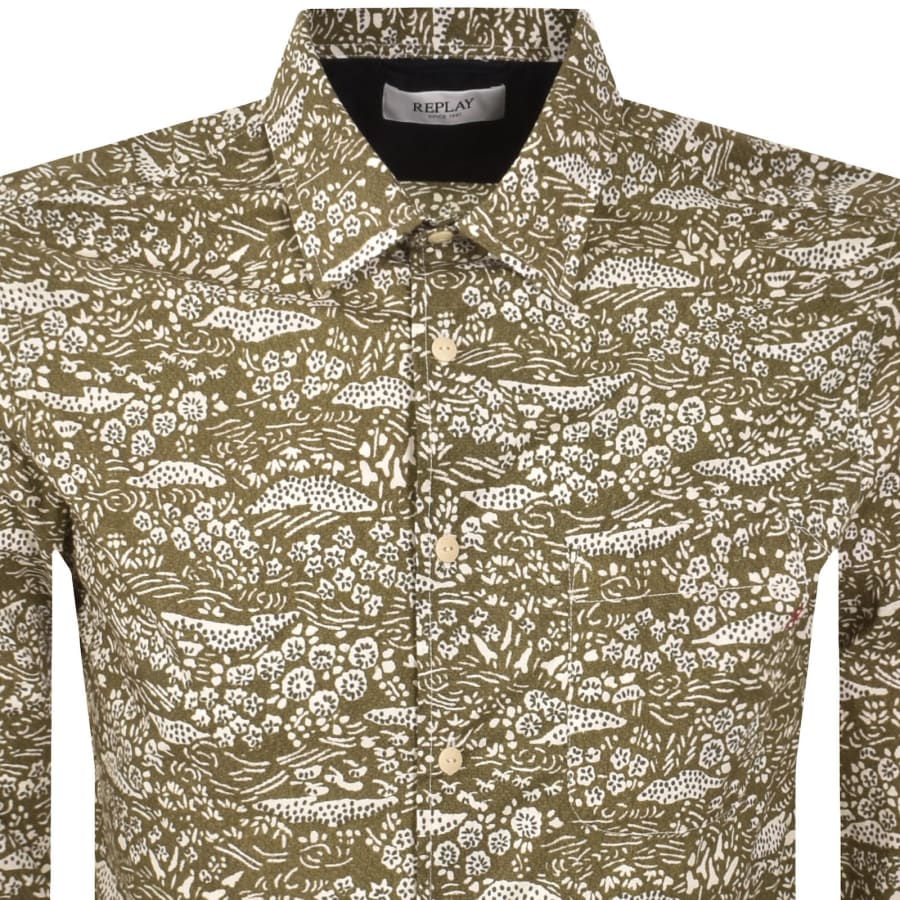 Image number 2 for Replay Patterned Long Sleeved Shirt Army Green