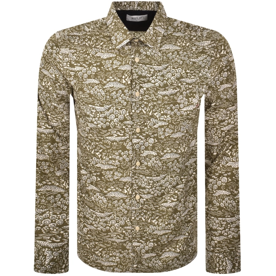 Image number 1 for Replay Patterned Long Sleeved Shirt Army Green