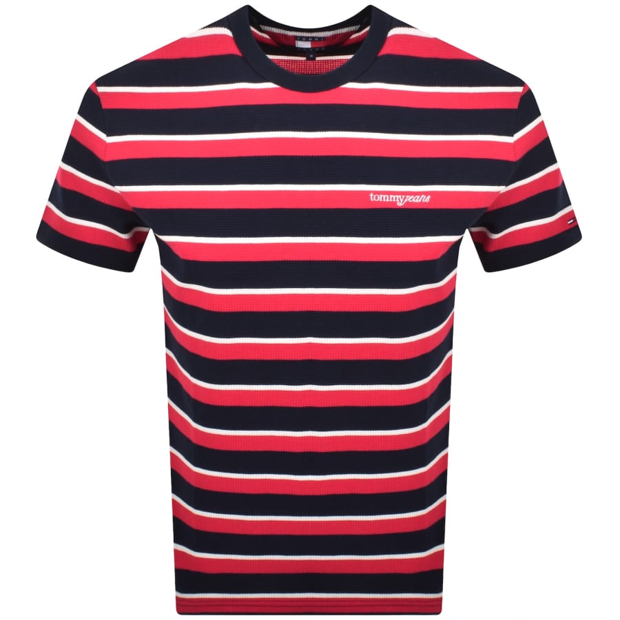 Image number 1 for Tommy Jeans Waffle Script Stripe T Shirt Navy