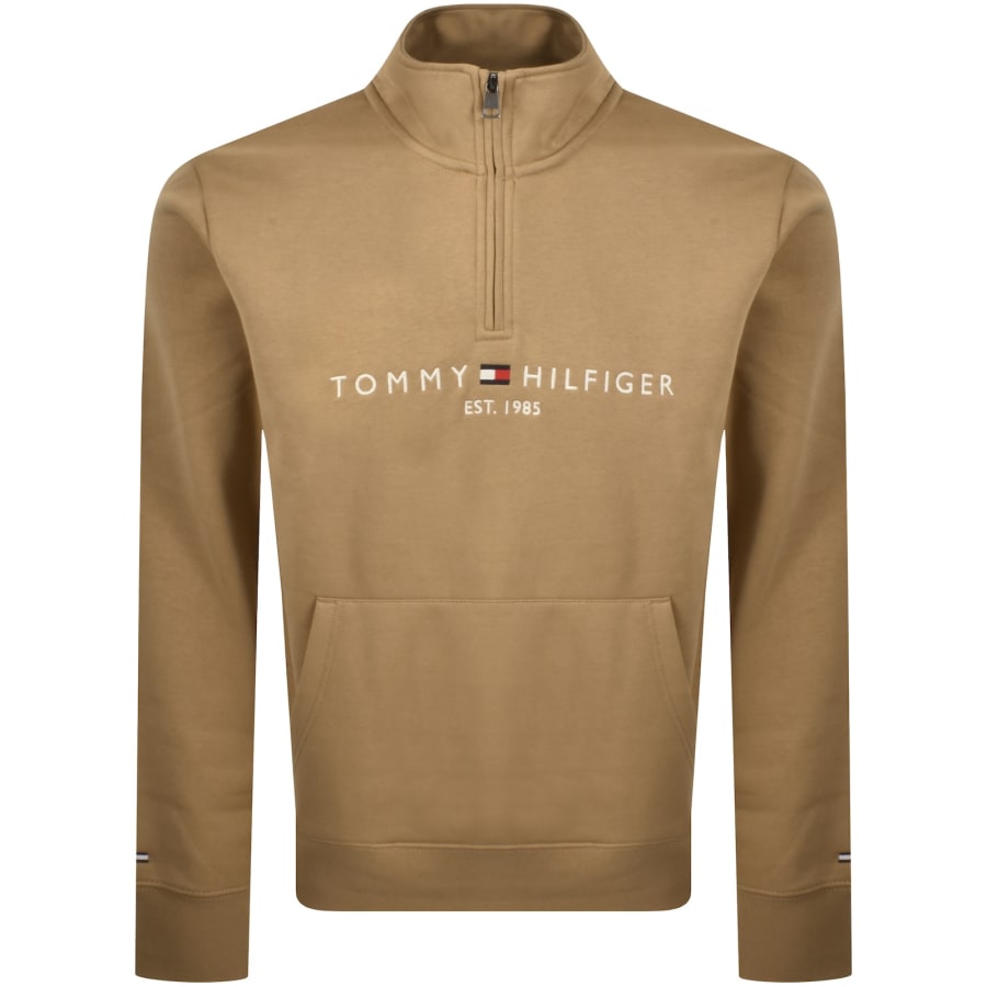 Image number 1 for Tommy Hilfiger Quarter Zip Logo Sweatshirt Brown