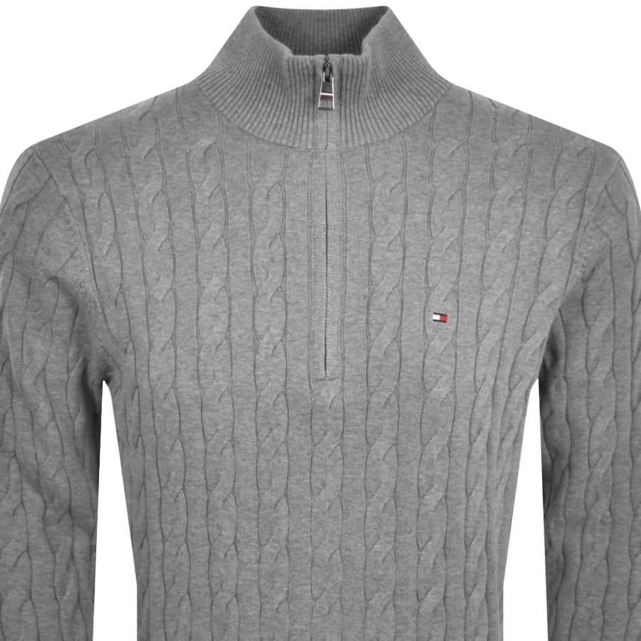 Image number 2 for Tommy Hilfiger Quarter Zip Cable Knit Jumper Grey