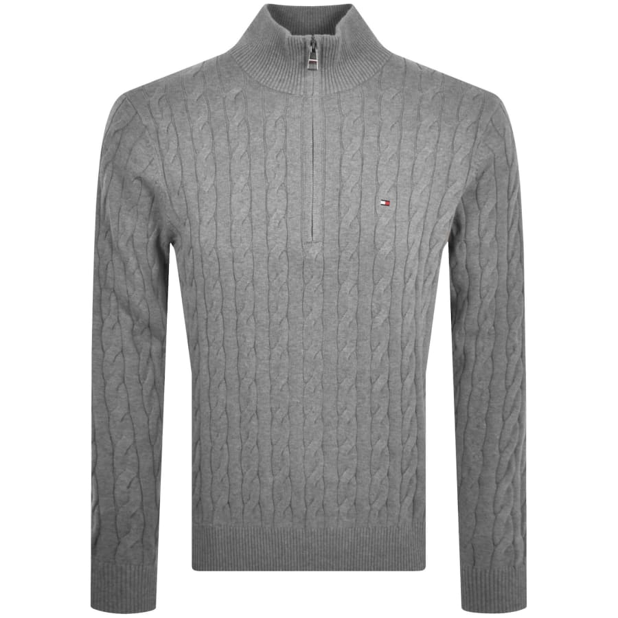 Image number 1 for Tommy Hilfiger Quarter Zip Cable Knit Jumper Grey