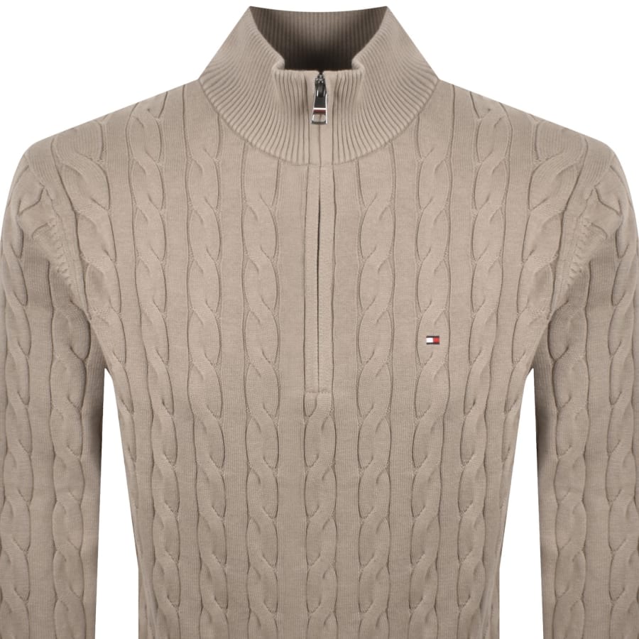 Image number 2 for Tommy Hilfiger Quarter Zip Cable Knit Jumper Brown