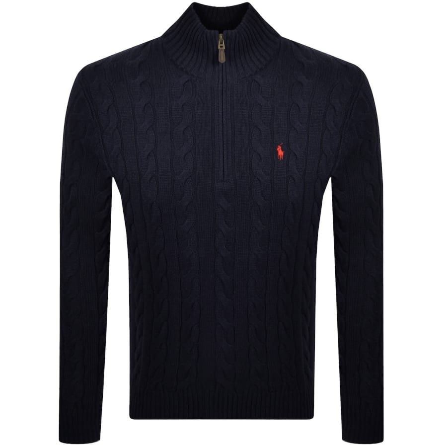 Image number 1 for Ralph Lauren Half Zip Cable Knit Jumper Navy