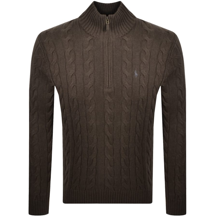 Image number 1 for Ralph Lauren Half Zip Cable Knit Jumper Brown