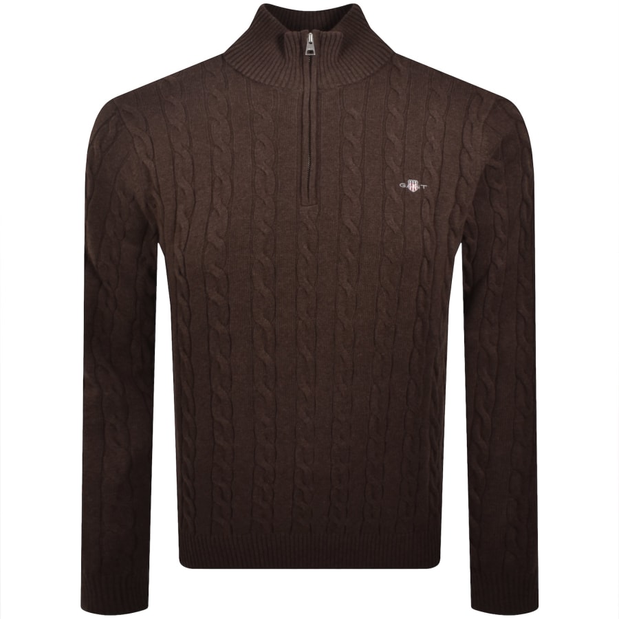 Image number 1 for Gant Cotton Cable Knit Half Zip Jumper Brown