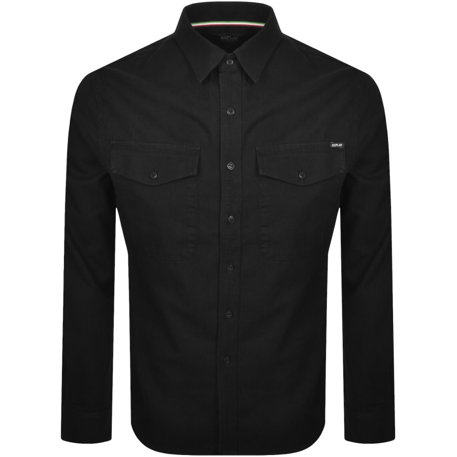 Image number 1 for Replay Denim Look Long Sleeved Shirt Black