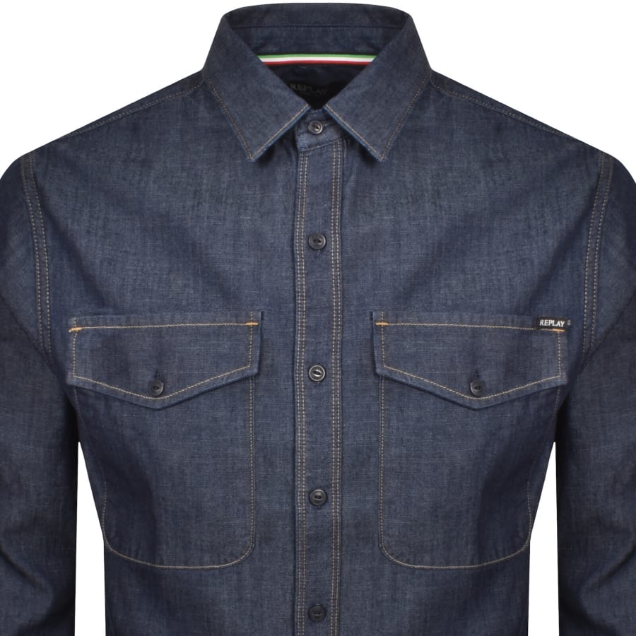 Image number 2 for Replay Denim Look Long Sleeved Shirt Blue