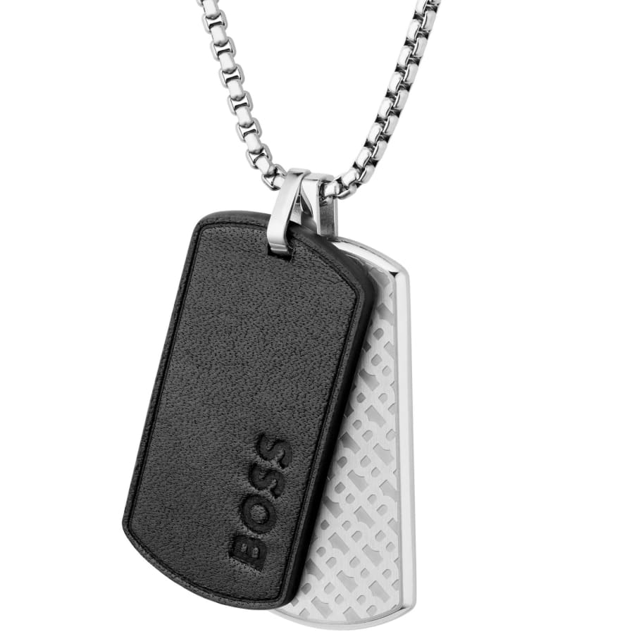 Image number 2 for BOSS Devon Leather Dog Tag Necklace Silver