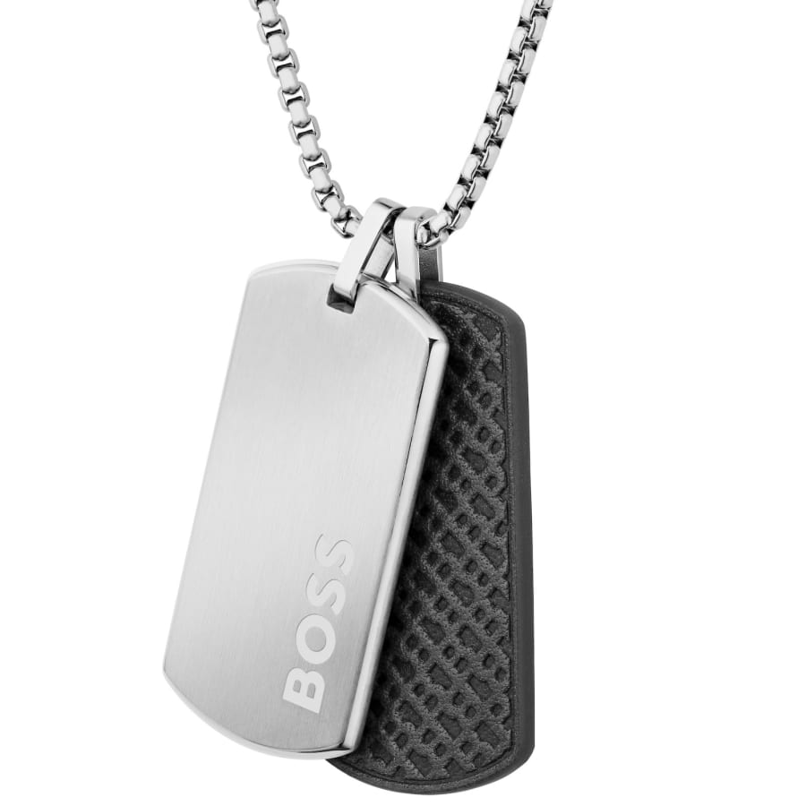 Image number 3 for BOSS Devon Leather Dog Tag Necklace Silver