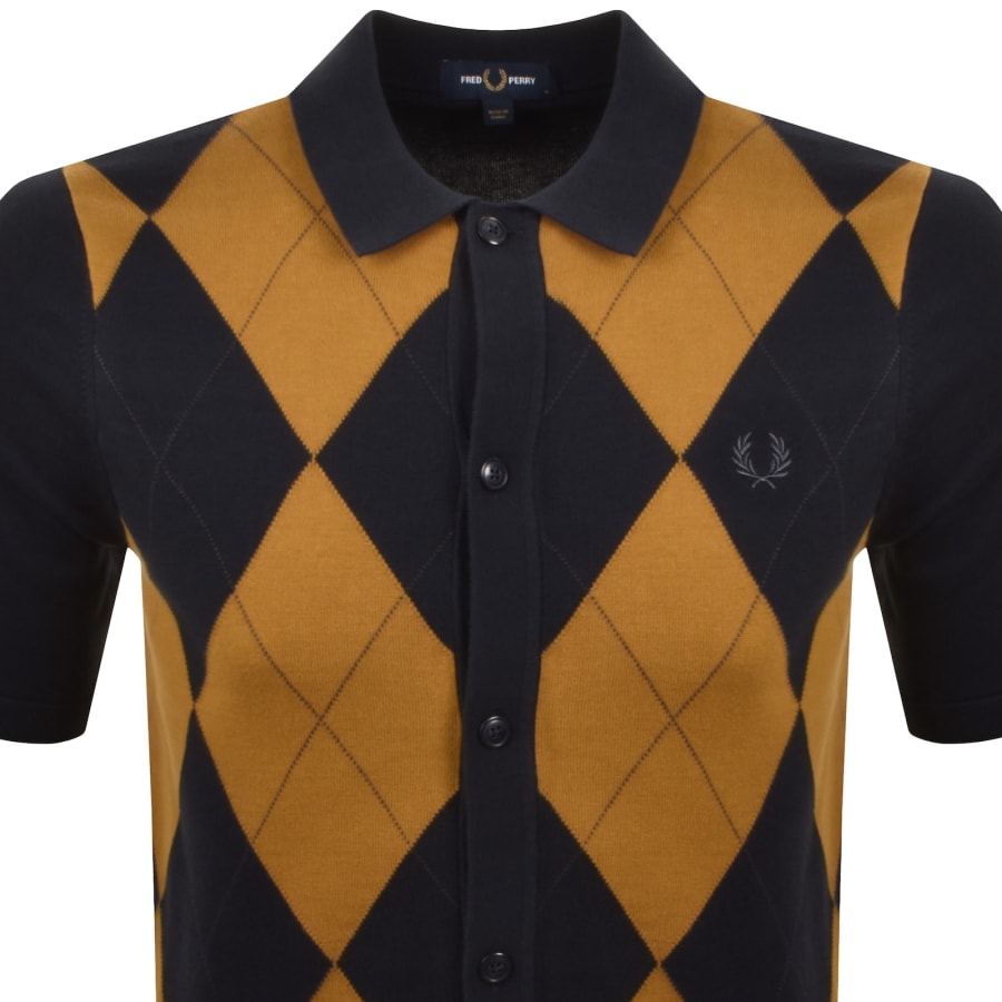 Image number 2 for Fred Perry Argyle Knit Button Through Polo Navy