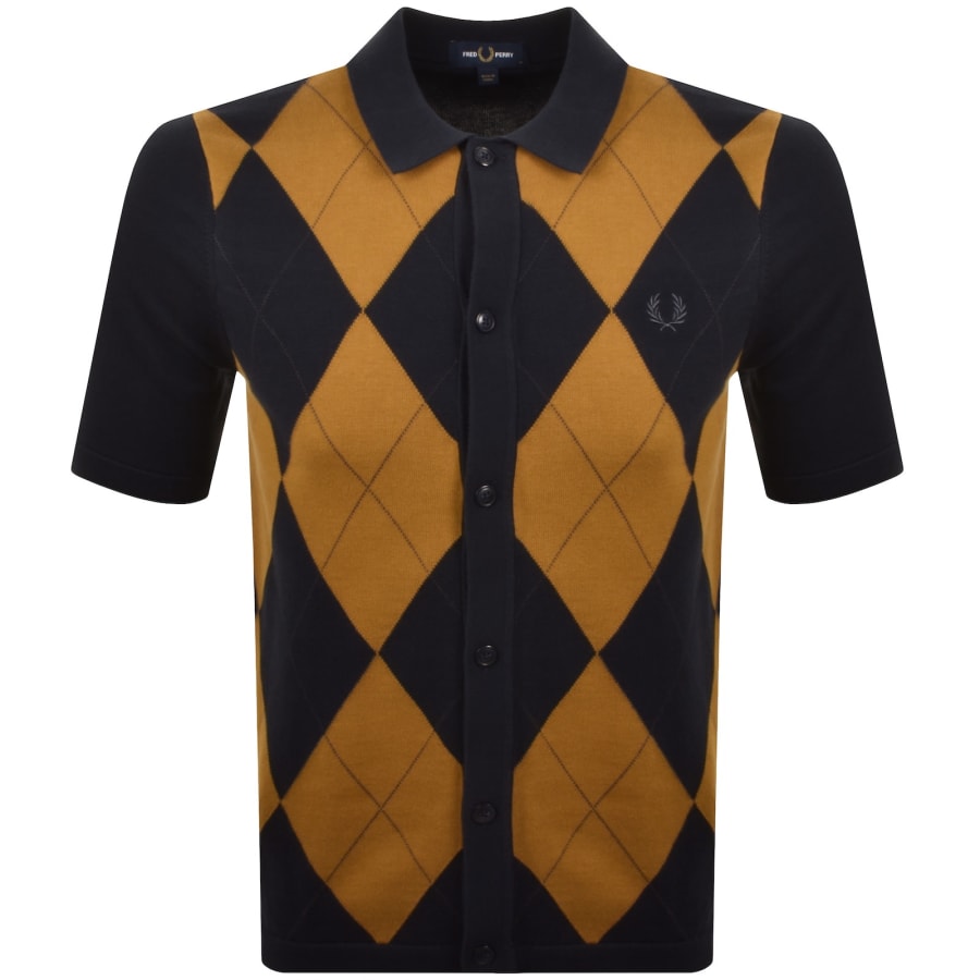 Image number 1 for Fred Perry Argyle Knit Button Through Polo Navy