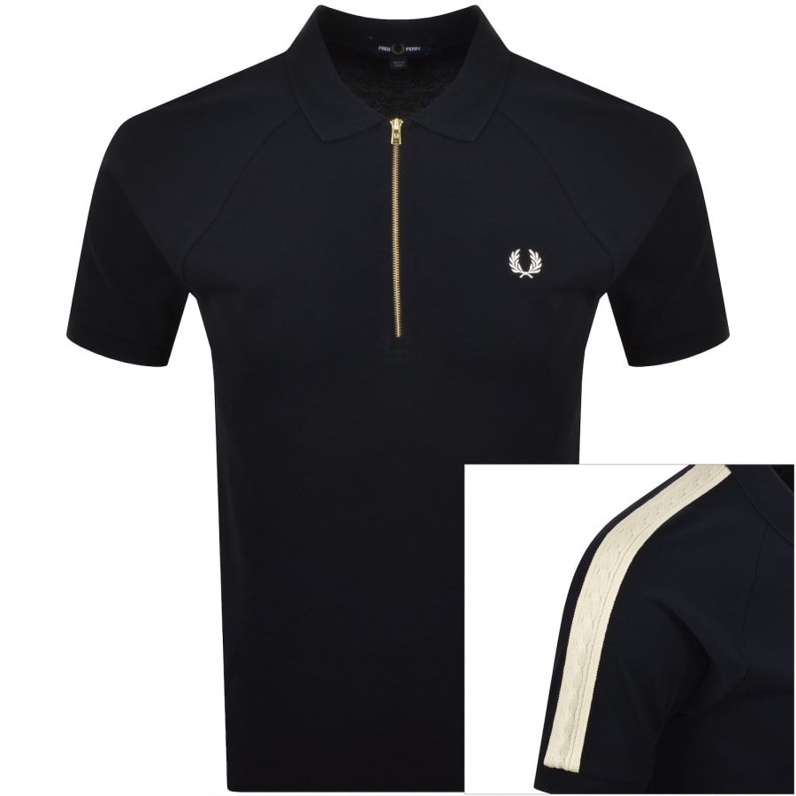 Image number 1 for Fred Perry Cable Tape Quarter Zip Polo Navy