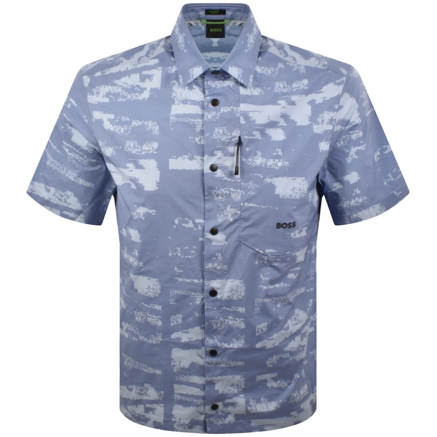Image number 1 for BOSS Globe Print Short Sleeved Shirt Light Blue