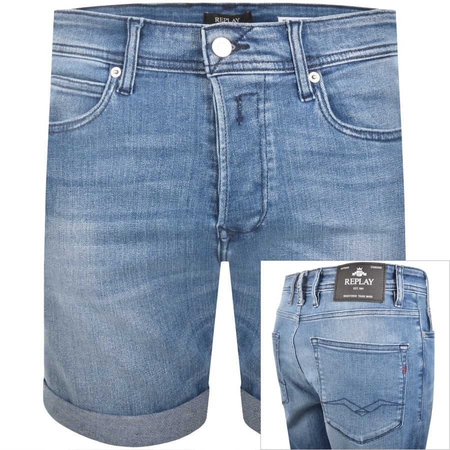 Image number 1 for Replay Denim Shorts Mid Wash Blue