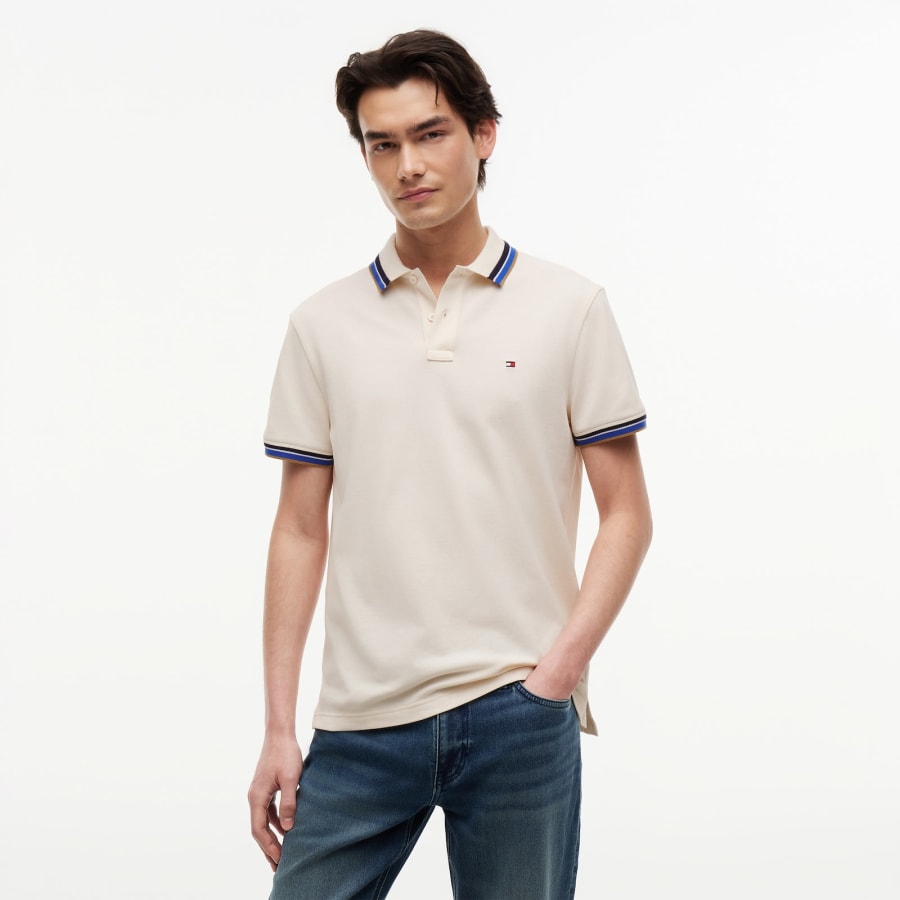 Image number 5 for Tommy Hilfiger Contrast Collar Polo T Shirt Ivory