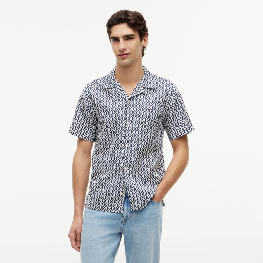 Image number 5 for Tommy Hilfiger Linen All Over Print Shirt Navy