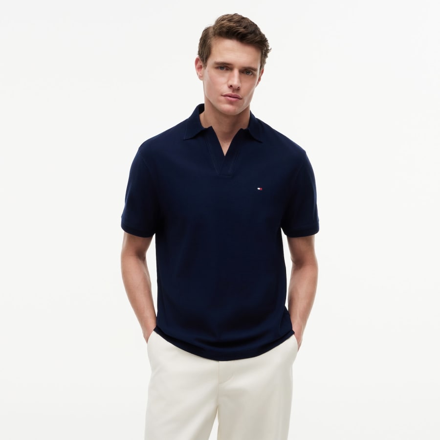 Image number 4 for Tommy Hilfiger V Neck Crepe Polo Navy