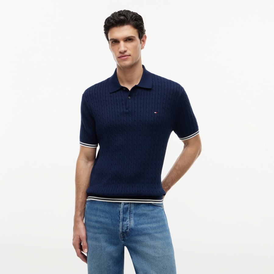Image number 5 for Tommy Hilfiger Cable Knit Polo Navy