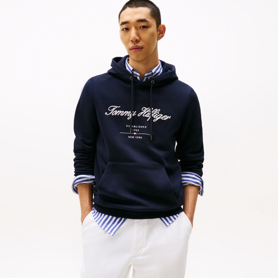 Image number 5 for Tommy Hilfiger Script Logo Hoodie Navy