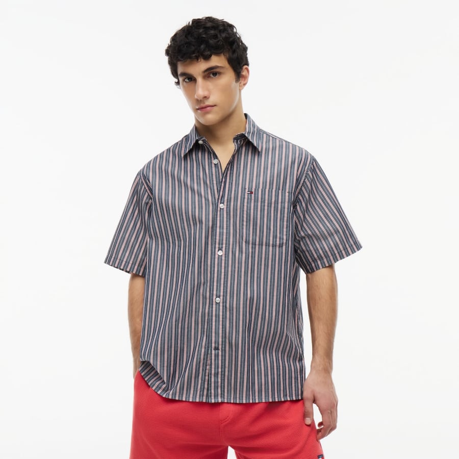 Image number 5 for Tommy Jeans Relaxed Poplin Stripe Shirt Navy