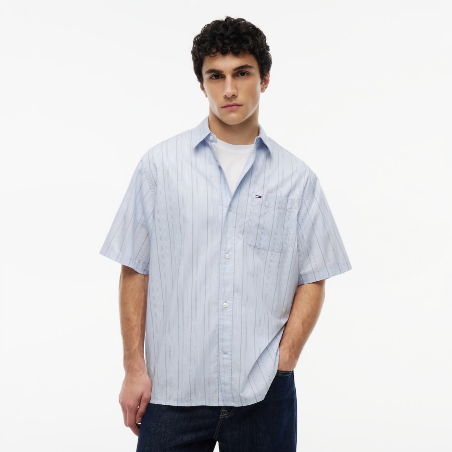 Image number 5 for Tommy Jeans Relaxed Poplin Stripe Shirt Blue