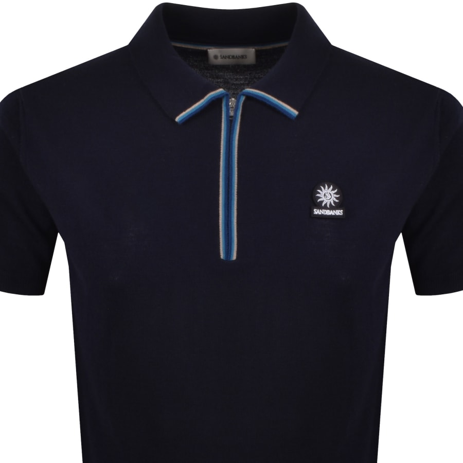 Image number 2 for Sandbanks Stripe Knitted Quarter Zip Polo Navy